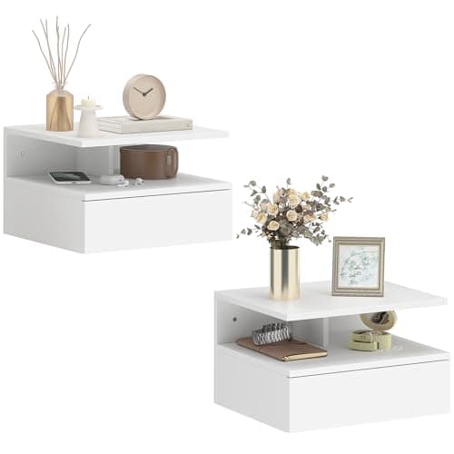 Image of HOMCOM Floating Bedside Table Set of 2, Wall Mount Nightstands with Storage Drawer and Open Shelf for Bedroom, White