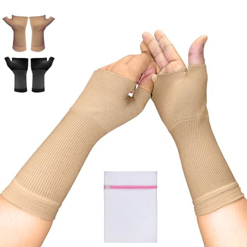 Image of 360 RELIEF Wrist & Thumb Support – Compression Sleeve for Comfort & Stability | Joint & Hand Support for Men & Women | 1 Pair (Medium, Beige) with Mesh Laundry Bag
