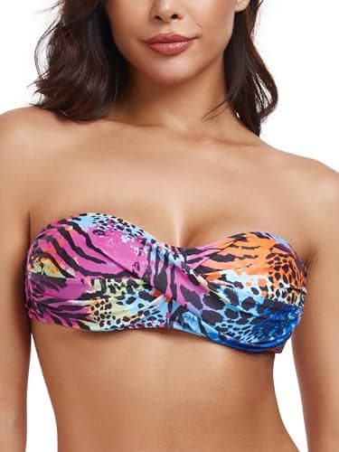 Image of Ocean Blues Women's Animal Print Strapless Swimsuits for Women Bandeau Bikini Top Tie Back Halter Bathing Suit Top Suit Top Size Large