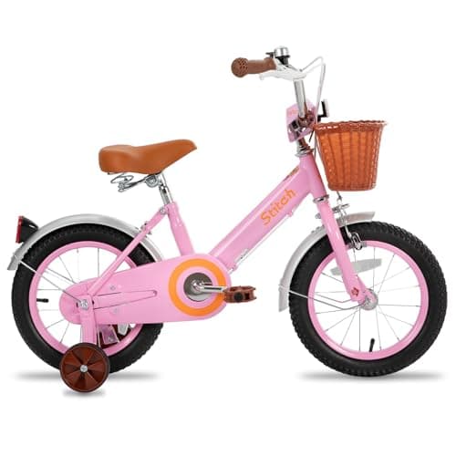 Image of STITCH Vintage 14 inch kids bike for 3-5 years girls, 14 inch girls bike with stabliser and basket, pink
