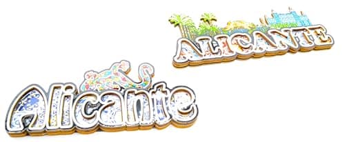 Image of 2 x 14 cm fridge magnet. Alicante logo. Wooden door magnet 3D Spain. Spanish fan Sevillana.