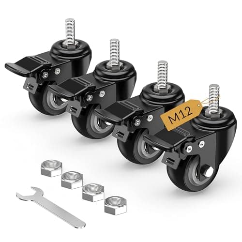 Image of HOLKIE Castor Wheels with Brakes Stem Castors Set of 4 Heavy Duty, M12 x 15mm Threaded Stem Caster Locking Swivel Trolley Furniture Casters Black
