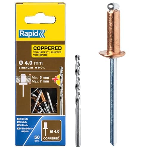 Image of Rapid High Performance Copper Coated Aluminium Rivets, Ø4 x 10 mm - 4mm Rivets for Gutters, Piping, and Sheet Metal - Includes Drill - 50 Pieces, Carton Boxed (5001462)