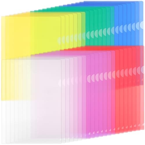 Image of ZCZN A4 Plastic Folders, 42pcs Plastic Sleeves, Clear Open Top & Side Cut Flush File Cover, Bright Transparent Assorted Colours, Pack of 42