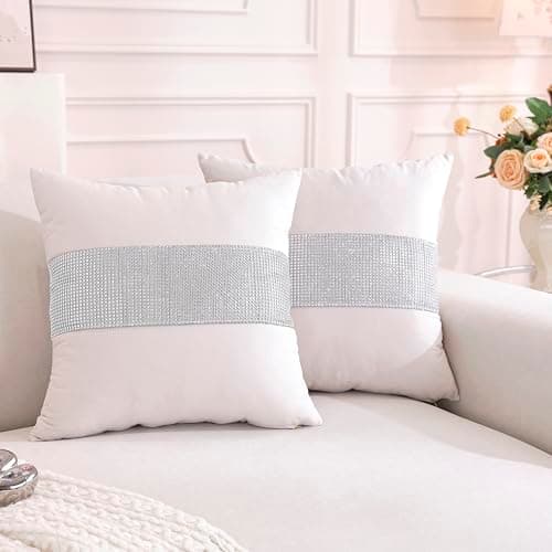 Image of TAOSON Pack of 2, Cream White Matching Sequin Patchwork Velvet Throw Pillow Cover with Silver Sequined Rhinestone Cushion Case Square Pillowcase for Sofa Couch Bedroom Living Room Home,18x18 inch