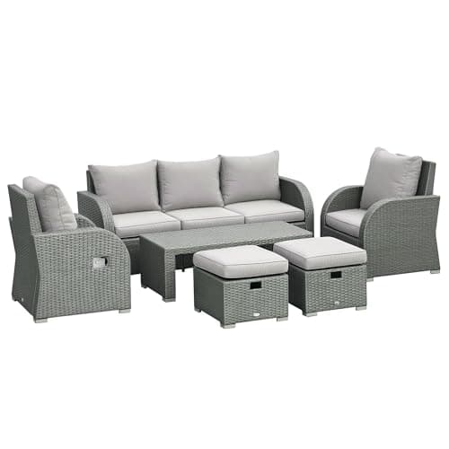 Image of Outsunny 7 Seater Rattan Garden Furniture Set, 2 Reclining Chairs, 3 Seater Sofa, Coffee Table, Footstools, Space-Saving 6 Piece Outdoor Patio Furniture Conversation Set with Cushions, Light Grey