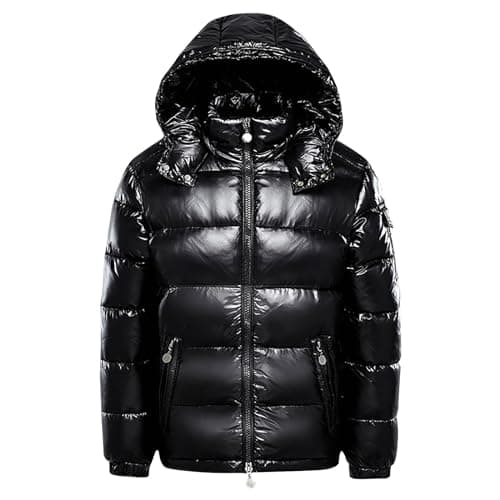 Image of Men Warm Shiny Down Jackets Solid Color Winter Snow Down Jackets Hooded Zipper Metal Shining Windbreaker Parka Puffer Jacket Padded Jacket Quilted Ribbed Reflective Bubble Jacket Outerwear with Pocket