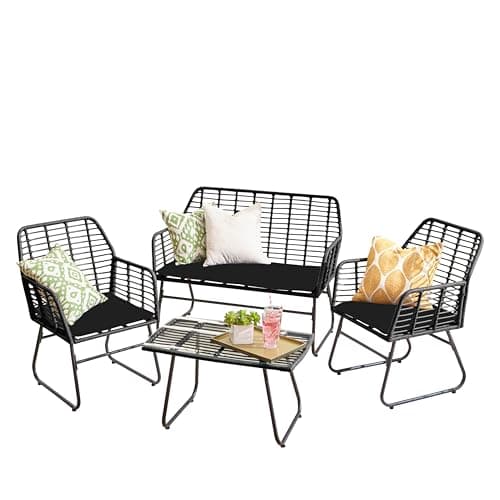Image of Neo Garden Furniture Patio Wicker Bamboo Style Cane Chair Table Outdoor Indoor Balcony Conservatory Rattan Cushion Sofa Set 4 Piece (Black)