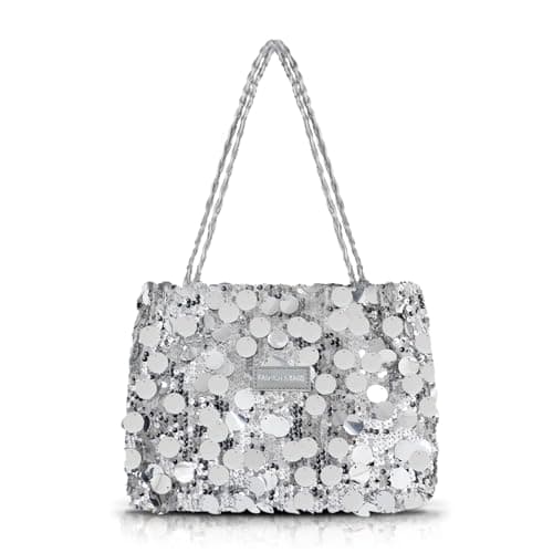 Image of AfitLulu Sequin Womens Shoulder Bag Sparkling Ladies Handbags with Zipper and Leather Handle, Trendy Womens Totes Bags Large Underarm Bag Womens Handbag for Parties Dates Banquets (Silvery)