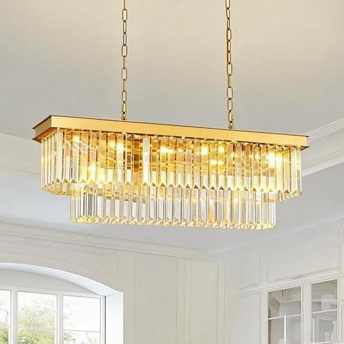 Image of MSSIAN Luxury Gold Crystal Chandelier with 2-Layer K9 Crystals,Adjustable Chain Large Rectangular Gold Pendant Light for Dining Room, Staircase, Bedroom, Gold Lighting Fixture L80CM