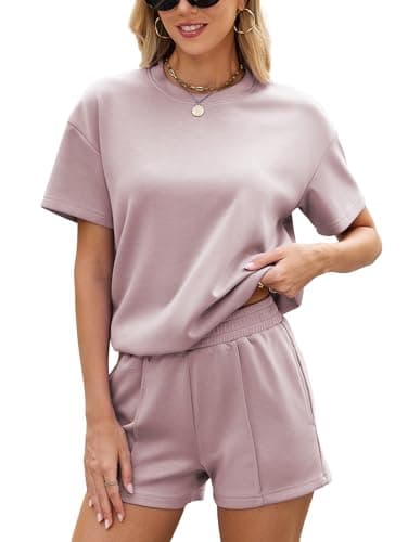 Image of Famulily Ladies Lounge Wear Sets UK Short Sleeve 2 Piece Outfits Travel Tracksuit Oversized T-Shirt Summer Shorts with Pockets (M, Purple)