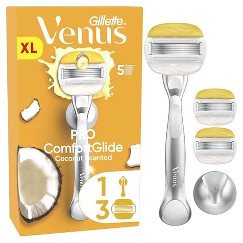 Image of Gillette Venus Pro ComfortGlide Coconut Scented Women’s Razor with Olay Moisturiser, 1 Refill Razor Cartridges, Reusable Metal Handle and Shower Holder