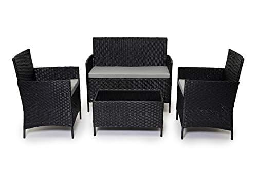 Image of EVRE Black Rattan Garden Furniture Set Patio Conservatory Balcony Indoor Outdoor 4 Seater Piece Glass Top Coffee Table Modular Sofa Loveseat with Cushions