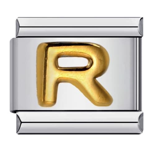 Image of Mon & Sons A - Z Yellow Gold Letter Initial Name Alphabet Personalised Birthday Charm Silver 9mm Italian Link Compatible With Modular Bracelet (R Gold)