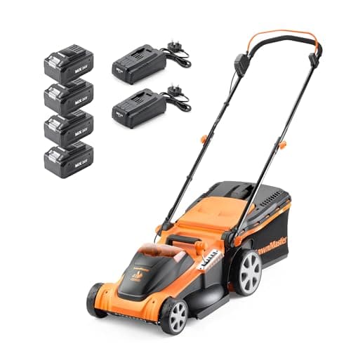 Image of LawnMaster 48V 41cm Cordless Lawnmower with Spare MX 24V 4.0 Ah Batteries and 2x Fast Chargers - with Edging Comb, Rear Roller and Mulching Function - For Large Lawns