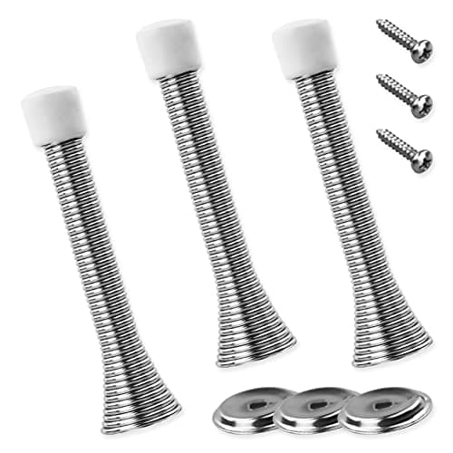 Image of 3 Pcs Silver Spring Door Stop Set,Thickened Iron Metal Door Stops with Base Plate,Long Door Springs Screw with Anti-Slip Rubber for Walls and Doors
