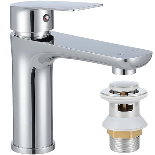 Image of Bathroom Basin Mixer Tap with Pop Up Waste, Stainless Steel Sink Tap with Aerator, Single Lever Bathroom Tap, Water Saving, Leak-Free Ceramic Valve, 1 Hole with 60cm G1/2 Hoses (Silver)