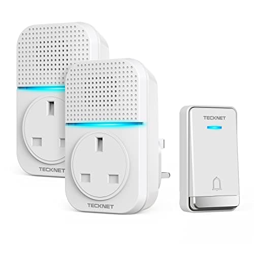 Image of TECKNET Self-Powered Doorbell, Waterproof IP65 Twin Wireless Doorbell No Battery Required Push Button Plug Through Cordless Door Chime at 1300ft Range with 60 Chimes, 5-Level Volume & LED Light