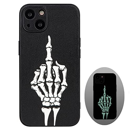 Image of X spirit Skull Case for iPhone 13 - Skeleton Hand Gesture Design - Cool Gothic Punk Aesthetic - Shockproof Protective Bumper, Leather Finish Glow in the Dark Cover