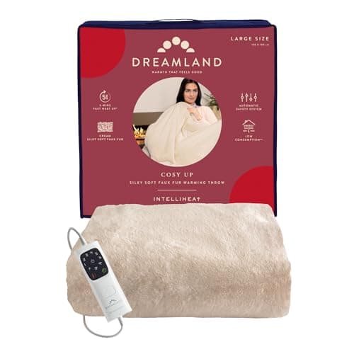 Image of Dreamland Cosy Up Silky Soft Faux Fur Warming Throw/Electric Blanket with 6 Heat Settings (Intelliheat technology, 160 x 120 cm, Machine washable, Detachable control, 1/3/9-hour auto timer) Cream
