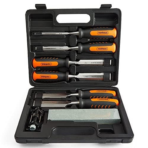 Image of VonHaus Chisel Set - 8pcs Woodworking Tools Set - Wood Carving Tools, Wood Chisel Sets with Sharpening Stone, Honing Guide and Storage Case - Chrome Vanadium, Bevel-Edged Chisel Set