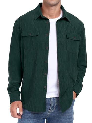 Image of QIXING Men's Corduroy Button Down Shirts Long Sleeve Shacket Trucker Jacket Autumn Winter Coats with Flap Pockets (Dark Green, L)