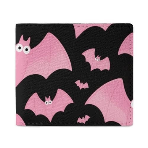 Image of FodPand Halloween Black Bats Pink Bifold Wallet for Men Women, 4.3"x3.7" Compact Leather Wallet with ID Window & Coin Pocket, Slim Minimalist Card Holder for Daily Carry & Travel