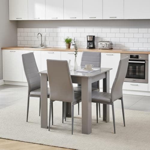Image of Homullel 75x75 cm Small Dining Table and 4 Chairs, 4 Seater Table and Chairs Set Kitchen Dining Room Set for 4, Compact, Space Saving, Wooden, Glossing Tabletop Grey (4 Seats, Faux Leather Grey #1)