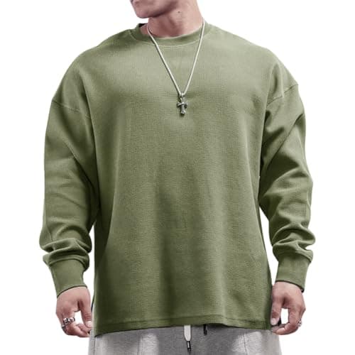 Image of Men's Basic Long Sleeve Waffle Sweatshirt Loose Fit Workout Pullover Crewneck Shirt Olive Green 2XL