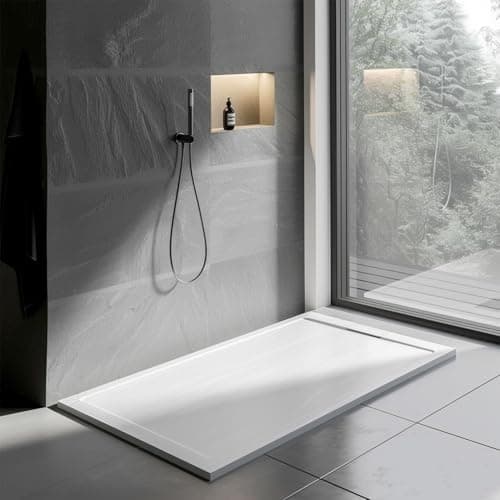 Image of Go Bathrooms White Slate Effect Shower Tray 1700 x 800 mm Rectangular Shower Base with Hidden Waste, Anti-Bacterial Surface–Low Profile Shower Tray for Enclosures