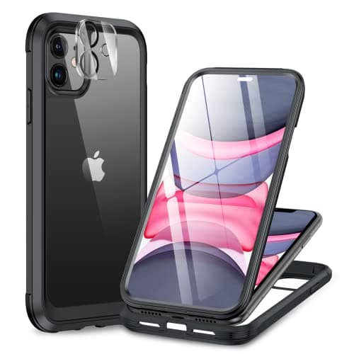 Image of Miracase Glass Case Compatible with iPhone 11 Case 6.1 inches, [Built-in Glass Screen Protector + Camera Lens Protector] 360 Full Body Shockproof Rubber Bumper Clear Back Phone Case Cover (Black)