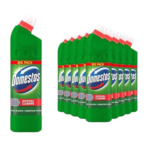 Image of Domestos Thick Mountain Fresh Bleach, Powerful Germ-Killing Disinfectant, Removes Stains and Odours, 99.9% Effective, Heavy-Duty Cleaning for Toilets and Surfaces, 1L Bottles, 12 Pack