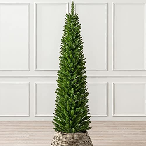 Image of Christow Pencil Christmas Tree 6ft, Artificial Slim Narrow Green Spruce, Luxury Indoor Xmas Decoration, Natural Looking PE & PVC Needles, Easy Assembly with Stand, Tip Count 321 (skirt not included)