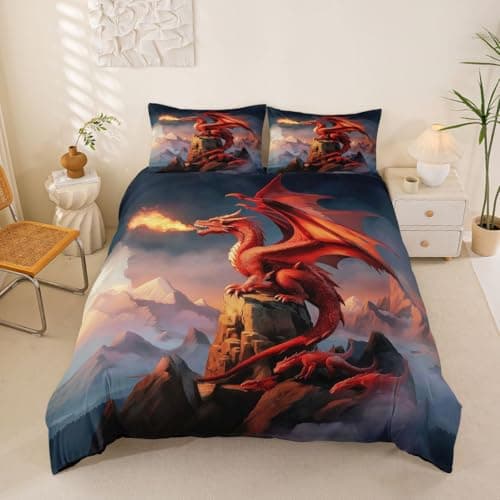 Image of Homemissing 3D Fire Dragon Duvet Cover Set Single Size for Kids Boys Girls Red Dragon Bedding Set Jungle Animals Duvet Cover with 1 Pillowcase Magic Wildlife Bedding
