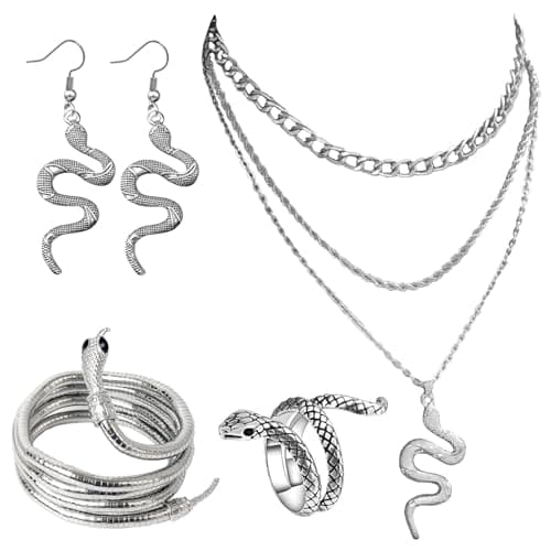 Image of AYNKH Medusa Jewellery Set - Layered Snake Necklace, Earrings, Adjustable Snake Ring & Medusa Costume Women's Gorgeous Choice & Fashion Accessory (Set of 4)