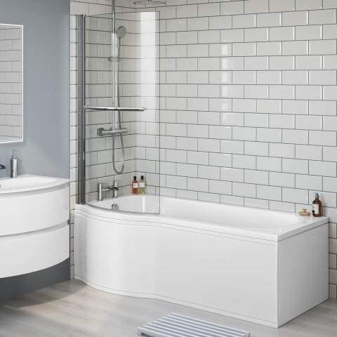 Image of 1500x800mm - Left Hand P-Shaped Bath with 6mm Screen, Rail & Front Panel (Excludes End Panel)