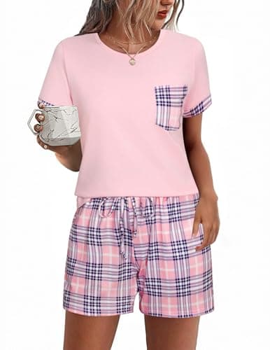 Image of Aseniza Women's Pyjamas Sets Short Sleeve Ladies Cotton Loungewear Two Piece Pj Sets Nightwear Sleepwear Top & Bottoms with Pockets Pink, S