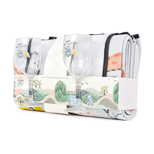 Image of Me to You Tatty Teddy Picnic Blanket & Plastic Wine Glasses Set - Official Collection, Blue,Grey
