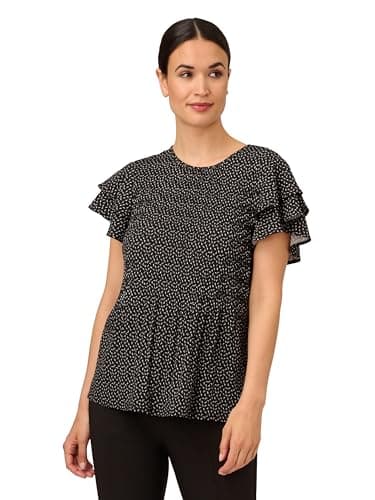 Image of Adrianna Papell Women's Pleated Knit Double Sleeve Top, Black Blowing Leaf, L