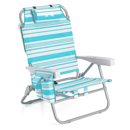 Image of Trail Low Reclining Beach Chair, Blue Stripe Lightweight Folding Recliner – Reclines to 4 Positions, Head Cushion, Drinks Holder, Storage Pouch & Backpack-Style Carry Straps, Portable Camping Lounger