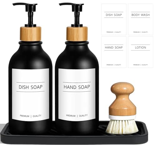 Image of GMISUN Black Hand and Dish Soap Dispenser Set with Tray, 500 ML Plastic Kitchen Sink Soap Dispenser with Bamboo Dish Brush, Farmhouse Kitchen Washing Up Liquid Dispenser Bottle with Pump Bathroom
