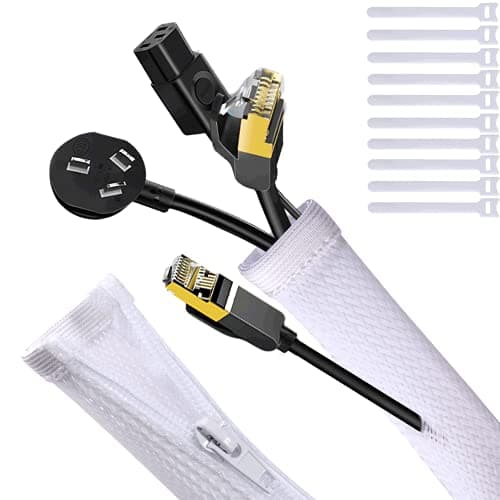 Image of UPXDUMI Cable Tidy Zip Sleeve for PC/TV, 20mm - 1.2m Desk Cable Management Organisers, Wire Tidy Loom Tube Cord Wrap Protector with 10 PCS Reusable Cable Ties for Home, Office, 50+70cm, White