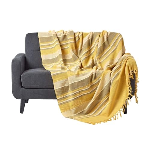 Image of HOMESCAPES Yellow Throw “Morocco” Cotton Textured Stripe Throw 150 x 200 cm Bedspread Sofa Throw Handmade Suitable for Armchairs and 2 Seater Sofas or Single and Double Beds Machine Washable