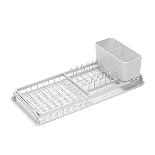Image of Brabantia Dish Drying Draining Rack (Compact/Light Grey) Easy-Clean Drip Tray and Removable Cutlery Basket, Corrosion-Resistant Aluminium Rack, Compact (20 x 46 cm)