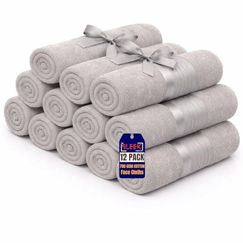 Image of Premium 100% Royal Egyptian Cotton Face Cloths (33x33cm) – Pack of 12 – 700 GSM Extra Thick Washcloths – Soft, Super Absorbent & Long Lasting Face Towels – Ideal for Home, Gym, Spa & Skincare (Silver)