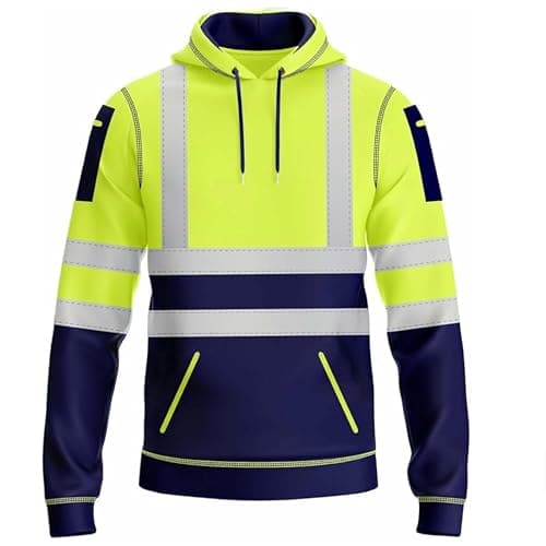 Image of kraftd Mens Hi Vis Hoodie with Reflective Tape Pullover High Vis Hoodies for Safety Workwear Utility Zipped Pockets Work Hoodies for Men High Visibility Sweatshirt (Navy/Yellow, L)