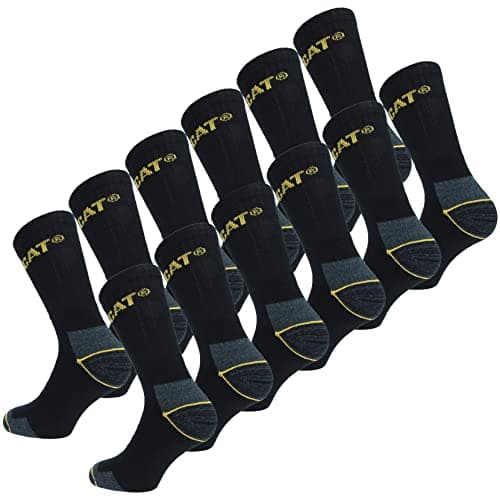 Image of Caterpillar 12 Pairs Men's Work Socks Accident Prevention Reinforced Heel and Toe Cotton Sponge (Black, 11-14)