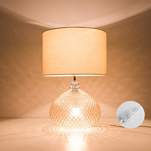 Image of HARPER LIVING Glass Table Lamp with Twin On/Off Switches, UK/EU Plug, Amber Base Finish, Fabric Shade Taupe Finish, Suitable for LED Upgrade, Ideal for Living Room, Bedroom, Hallway, Hotel and B&B