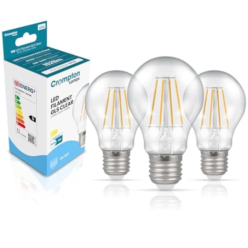 Image of Crompton Lamps Filament GLS LED Light Bulb ES-E27 | 11W = 100W Equivalent | Warm White 2700K | Energy Efficient | Edison Screw Lightbulb | Long Life 15,000-Hrs | Clear Glass | Dimmable | 3-Pack