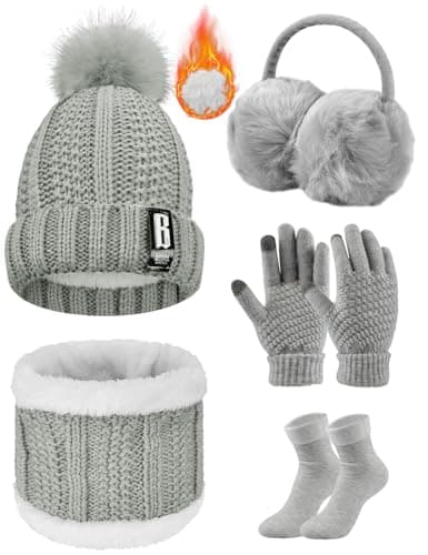 Image of Tuopuda Knitted Hat and Scarf Set 5 PCS Winter Set,Plush Ear warmers Warm Knitted Scarf Beanie Hat and Touch Screen Gloves Set Women Thermal Socks for Skiing Hat Outdoor Sports (Grey)